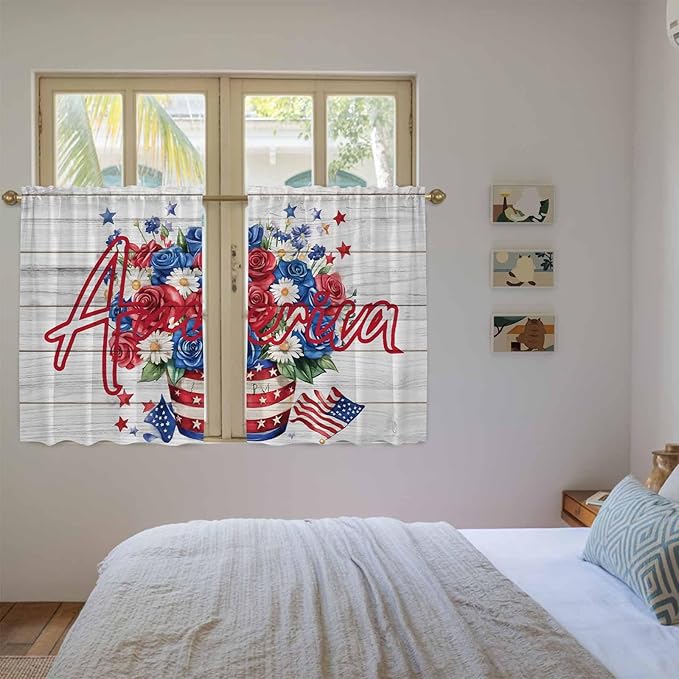 Independence Day Kitchen Curtains 45 Inch Long 2 Panel Set, Rod Pocket Window Treatment, 4 of July Rose Wooden Grain Vintage Light Filtering Panels Short Drapes for Bathroom Camper 42"W x 45"L