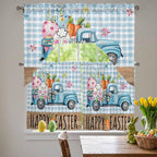 Swag Valance Curtains, Easter Truck with Rabbit Eggs Carrot Rod Pocket Valances Swag Topper for Kitchen Windows, Wood Barn and Blue Checker Light Filtering Short Curtain for Bedroom Bathroom 56x36In