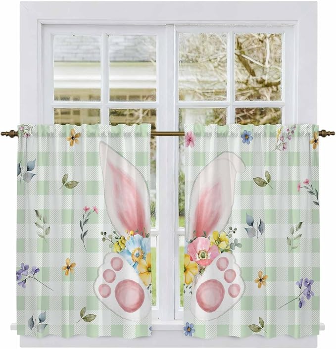 Easter Kitchen Tier Curtains 45 Inch Long 2 Panel Set,Rod Pocket Short Window Treatment,Spring Bunny Ears Feet Flowers Green Plaid Light Filtering Curtains & Drapes for Bathroom Basement 27.5"W x 45"L