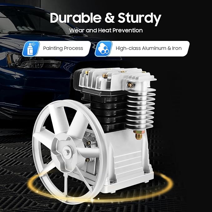 Air Compressor Pump Head, Twin Cylinder Air Compressor Head with 3Hp Powerful Function Exhaust Valve Design and Good Heat Dissipation Air Filter Muffler Industrial Compressor Pump Motor for Electronic