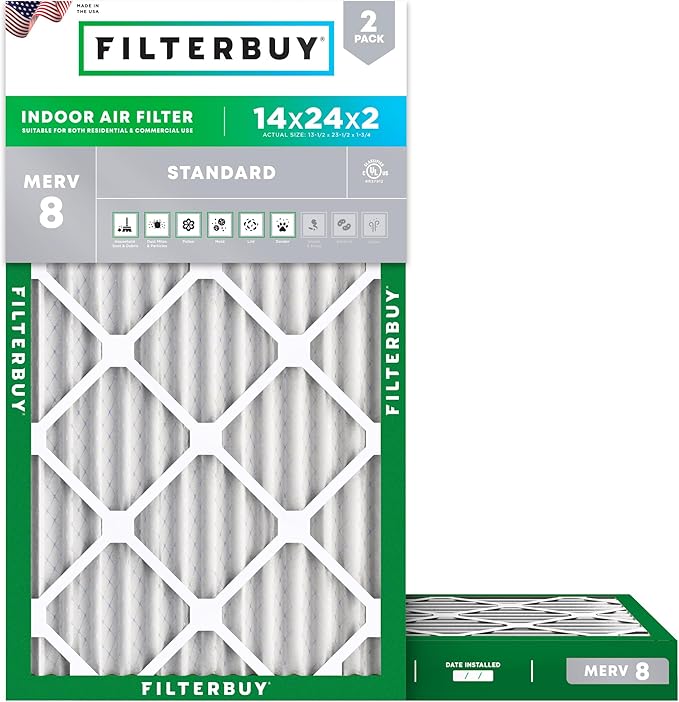 Filterbuy 14x24x2 Air Filter MERV 8 Essential Dust & Allergy Defense (2-Pack), Electrostatic Pleated HVAC AC Furnace Filters Replacement, Made in USA (Actual Size: 13.50 x 23.50 x 1.75)