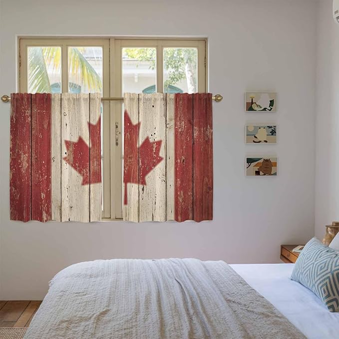 Canada Kitchen Curtains, Red Maple Leaf Flag Vintage Farmhouse Wooden Grain Light Filtering Window Curtain Panels, 2Pcs Rod Pocket Window Treatments Set for Cabin Bathroom Bedroom 52x45 Inches