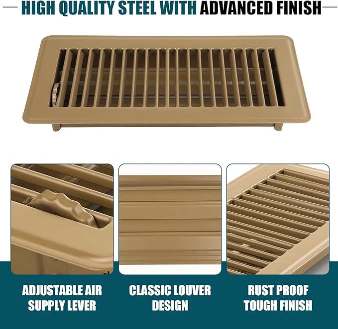 VOISEN Floor Register 4x10, 6 Pack Brown Floor Vent Covers, Heavy Duty Steel Walkable Floor Vents,Vent Covers for Home Floor