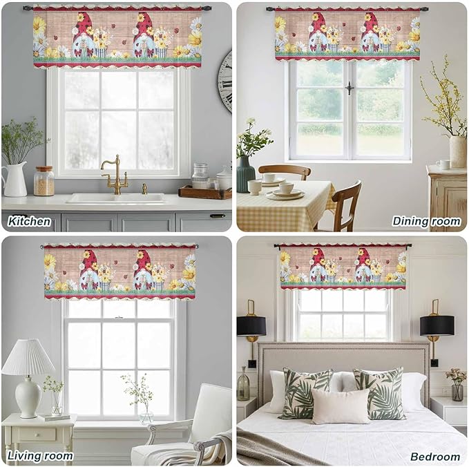 Ladybug Gnome Sheer Valance Curtains, Country Summer Rustic White Yellow Daisy Floral Wood Grain Light Filtering Kitchen Valances Rod Pocket Voile Curtain for Bedroom/Living Room/Basement 42Wx12L