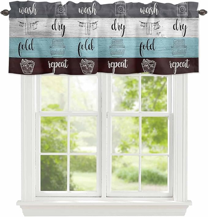 Laundry Rules Valances for Windows, Retro Blue White Wood Board Grain Kitchen Valance Light Filtering Rod Pocket Short Curtains for Kitchen Bathroom, 1 Panel, 42"x12"