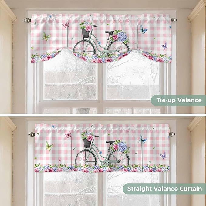 Spring Tie Up Valance Curtains for Windows, Kitchen Curtains Window Shades, Bicycles Leaves Butterfly Flowers Pink Buffalo Plaid Light Filtering Curtain Valances for Bedroom/Bathroom/Cafe 42"x18"