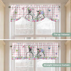 Spring Tie Up Valance Curtains for Windows, Kitchen Curtains Window Shades, Bicycles Leaves Butterfly Flowers Pink Buffalo Plaid Light Filtering Curtain Valances for Bedroom/Bathroom/Cafe 60"x18"