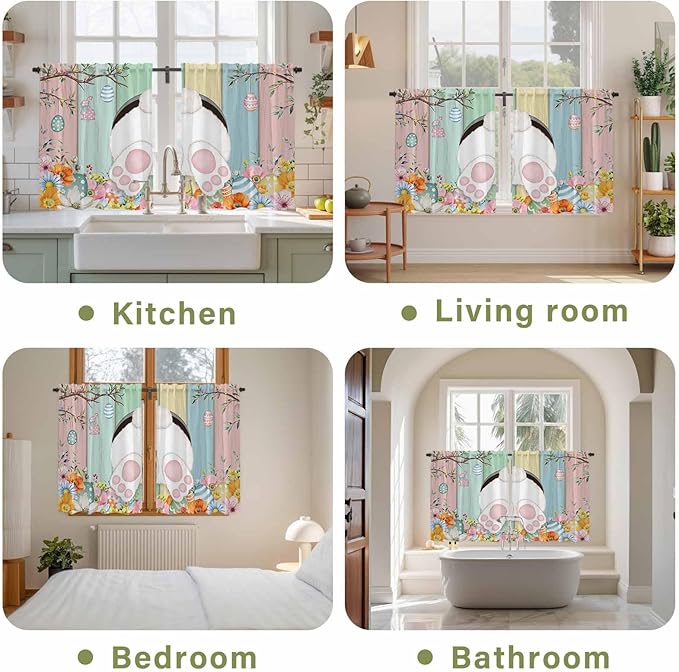 Easter Kitchen Curtains 54 Inch Long 2 Panel Set, Rod Pocket Window Curtains Panels, Spring Colorful Bunny Eggs Flower Wood Grain Light Filtering Drapery Draperies for Bathroom Bedroom 52"W x 54"L