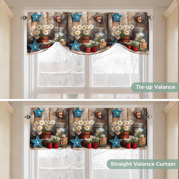 Country Flower Tie Up Valance for Window, Western Texas Star Butterfly Barn Door Adjustable Balloon Window Shade Valance Curtain for Kitchen Cafe Bathroom Window Treatment Panel 60''x18''