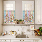 Easter Kitchen Curtains Set 3 Piece for Windows, Rod Pocket Valance and Tier Set 24 Inch Length, Spring Bunny Eggs Botanical Floral Wooden Grain Light Filtering Cafe Curtains for Living Room Bathroom