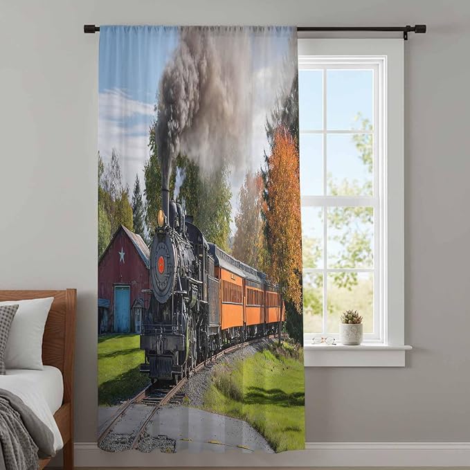 Steam Train Sheer Curtains 96 Inch Length Railroad Country Barn Rustic Trees Farmhouse Chiffon Curtain for Bedroom Living Room Light Filtering Rod Pocket Window Treatments Voile Curtains Drapes