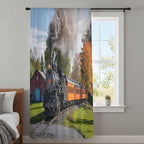 Steam Train Sheer Curtains 63 Inch Length Railroad Country Barn Rustic Trees Farmhouse Chiffon Curtain for Bedroom Living Room Light Filtering Rod Pocket Window Treatments Voile Curtains Drapes