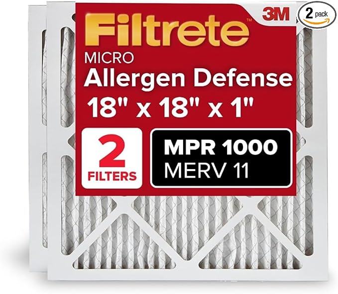 Filtrete 18x18x1 AC Furnace Air Filter, MERV 11, MPR 1000, Micro Allergen Defense, 3-Month Pleated 1-Inch Electrostatic Air Cleaning Filter, 2 Pack (Actual Size 17.81 x 17.81 x 0.81 in)