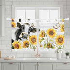 Retro Farmhouse Floral Kitchen Curtains 36 Inch Length, Small Window Curtains Tab Top, Yellow Sunflowers Cows Butterfly Wood Light Filtering Short Window Treatments Tier Drapes 27.5"x36" 2 Panel