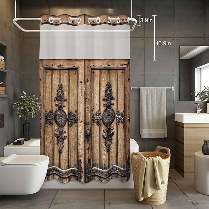 Wood Barn Door No Hook Shower Curtain with Snap in Liner Set, Waterproof Shower Curtains for Bathroom, Wooden Plank Fabric Shower Curtain, See Through Mesh Top Window, 54" W x 78" L
