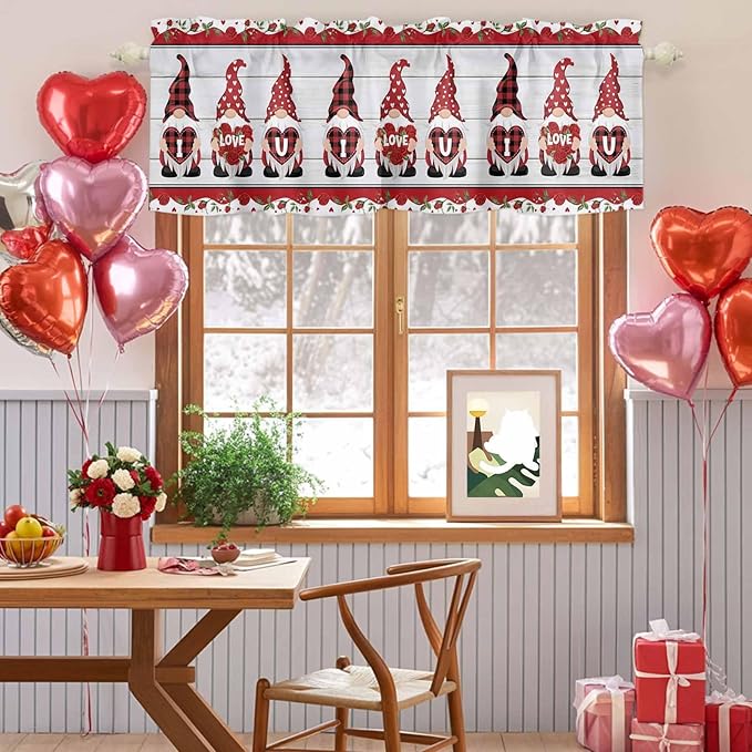 I Love U Valance Curtains for Kitchen, Valentine's Day Dwarf Romantic Wood Grain Privacy Rod Pocket Valance Curtain, Light-Filtering Window Treatment for Bedroom Bathroom, 42"x18"