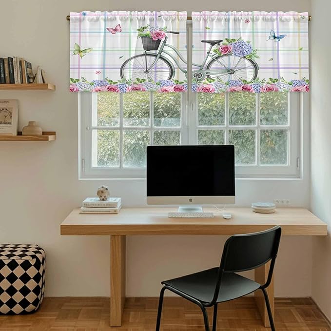 Spring Tier Curtains, Bicycles Botanical Leaves Rose Colorful Stripes Light Filtering Kitchen Curtains, 2Pcs Rod Pocket Half Window Treatments Panels for Sink Cafe Cabinet Camper 27.5x36 Inches