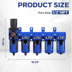 1/2'' NPT 5 Stage Air Drying System,5 &0.5 &0.01 Micron Filter Cartridge,Double Desiccant Dryers & Air Regulator,Metal Bowl, Semi-Auto Drain,Industrial Grade-Blue