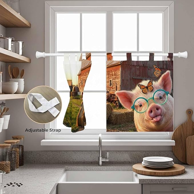 Farm Pig Kitchen Curtains 24 Inch Length, Small Window Curtains Tab Top, Farmhouse Barn Funny Animals Butterfly Light Filtering Short Window Treatments Tier Drapes 27.5"x24" 2 Panel