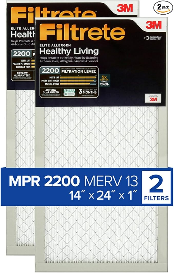 Filtrete 14x24x1 AC Furnace Air Filter, MERV 13, MPR 2200, Elite Allergen, Bacteria & Virus Filter, 3-Month Pleated 1-Inch Electrostatic Air Cleaning Filter, 2-Pack (Actual Size 14.375x23.84x0.783 in)