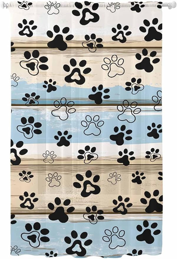 Sheer Curtains 108 Inches Long, Blue Dog Paw Print Semi Sheer Curtains Light Filtering Window Treatment, Vintage Farmhouse Rustic Wooden Grain Privacy Voile Drapes for Living Room Bedroom 52x108 Inch