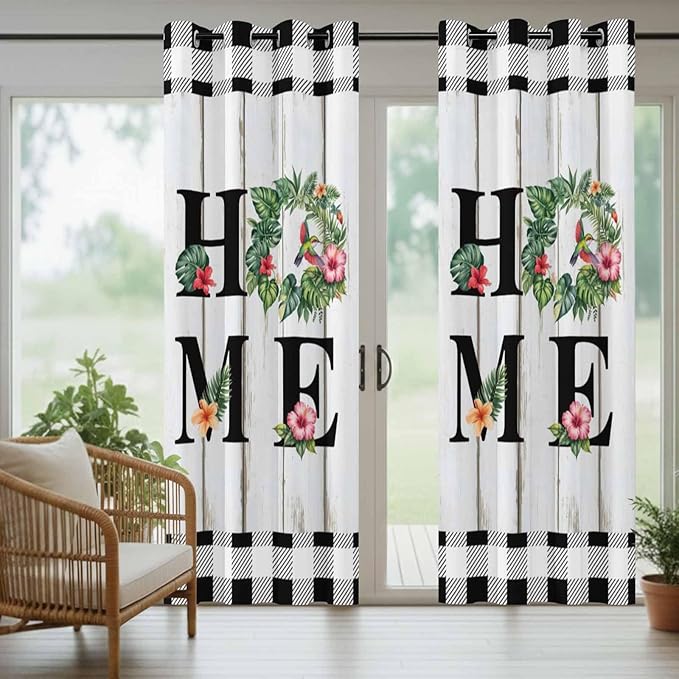 Summer Outdoor Curtains for Patio Leaves Garland Plumeria Wood Buffalo Plaid Waterproof Outside Curtains with Grommet Top Weatherproof Curtain for Cabana Pergola Gazebo, 2 Pack, 54" W x 95" L