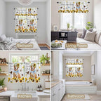 Kitchen Curtains Tiers and Valance Set of 3, Sunflowers Dog Light Filtering Window Curtain Set, Spring Watercolor Floral Stars Wood Grain Rod Pocket Curtain Drapes for Living Room, 24 Inches Tiers