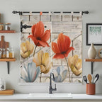 Retro Floral Bathroom Curtains 63 Inch Length, Window Curtains Tab Top, Red Yellow Tulips Barm Doors Farmhouse Wooden Light Filtering Window Treatments Drapes 52"x63" 2 Panel