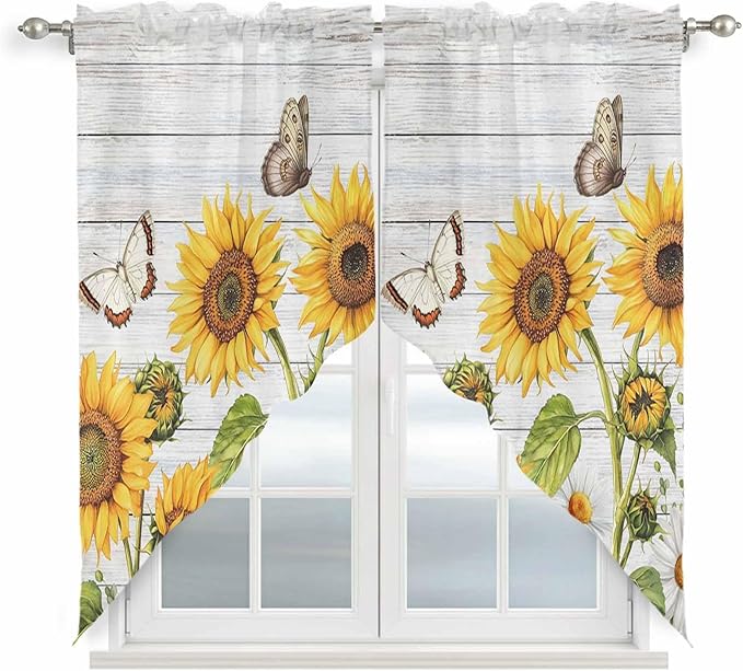 Yellow Sunflowers Swag Valances for Windows, Vintage Country Flowers Butterfly Wood Board Rod Pocket Kitchen Curtains Valance, Small Window Curtains Swag for Cafe Living Room, 2 Panels, 28x36 inch