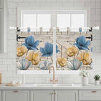 Blue Yellow Tulips Kitchen Curtains 24 Inch Length, Small Window Curtains Tab Top, Retro Farmhouse Flower Barn Doors Wooden Light Filtering Short Window Treatments Tier Drapes 27.5"x24" 2 Panel