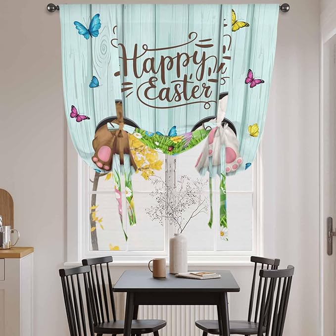 Tie Up Curtains,Happy Easter Bunny Butt Egg Floral Adjustable Rod Pocket Window Shade Curtain Drape Spring Plant on Aqua Wood Tie-Up Valance for Kitchen Bedroom Living Room Windows,34"x45"