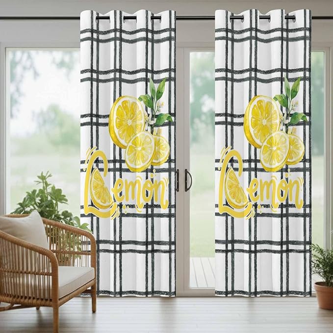 Lemon Outdoor Curtains for Patio Lemon Leaves Summer Plaid Buffalo Waterproof Outside Curtains with Grommet Top Weatherproof Curtain for Cabana Pergola Gazebo, 2 Pack, 54" W x 108" L