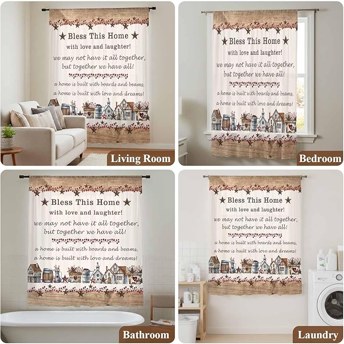 Farmhouse Sheer Curtains 84 Inch Length Country Star Barn Berry Brown Wood Plank Chiffon Curtain for Bedroom Living Room Light Filtering Rod Pocket Window Treatments Voile Curtains Drapes for Dining