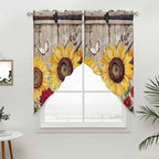 Sunflowers Swag Valances for Windows, Retro Flower Barn Doors Butterfly Farmhouse Brown Rod Pocket Kitchen Curtains Valance, Small Window Curtains Swag for Cafe Living Room, 2 Panels, 28x36 inch