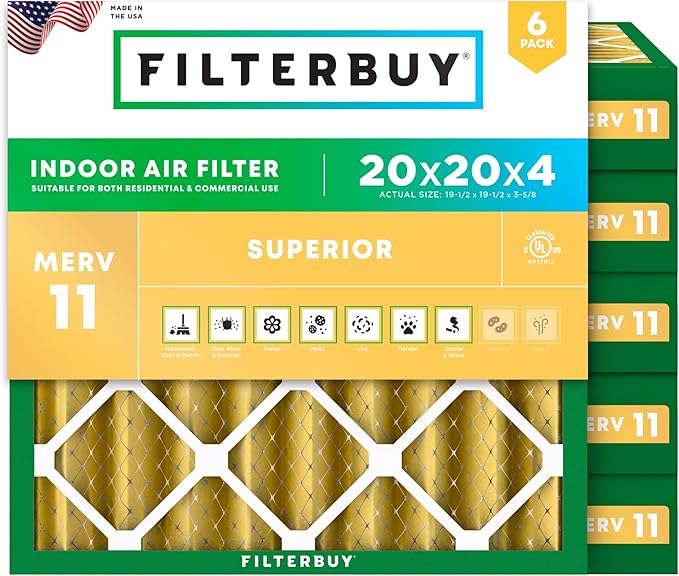 Filterbuy 20x20x4 Air Filter MERV 11 Superior Pet & Allergy Defense (6-Pack), Electrostatic Pleated HVAC AC Furnace Filters Replacement, Made in USA (Actual Size: 19.50 x 19.50 x 3.63)
