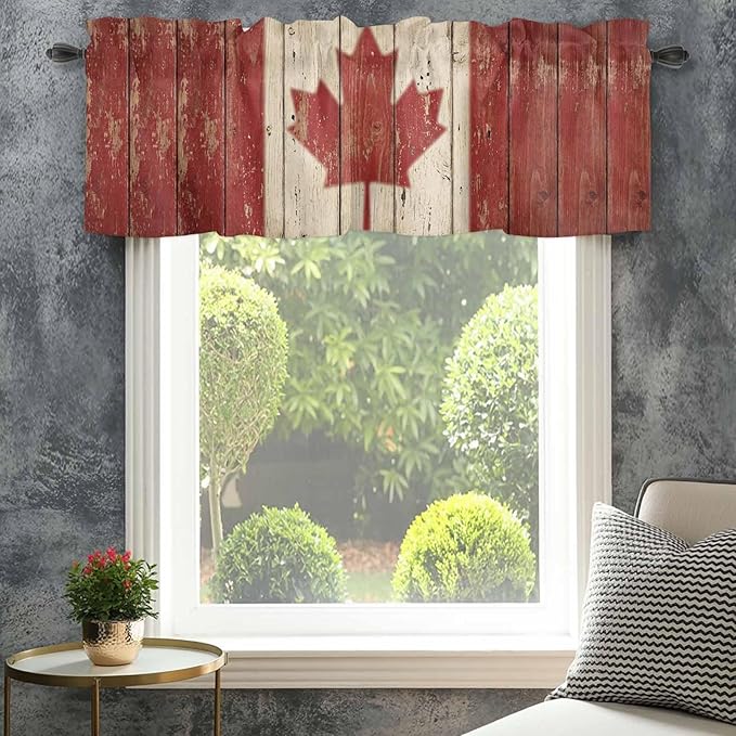 Canada Curtain Valances for Windows, Kitchen Valance Window Treatment, Red Maple Leaf Flag Vintage Farmhouse Wooden Grain Light Filtering Block Curtains for Bathroom/Bedroom/Living Room 60'' x 18''
