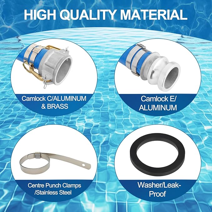 2" x 100 ft Backwash Hose for Swimming Pools, Heavy Duty PVC Water Lay Flat Discharge Hose,Durable Pool Drain Hose with Aluminum Camlock C and E Fittings for Pump And Filters