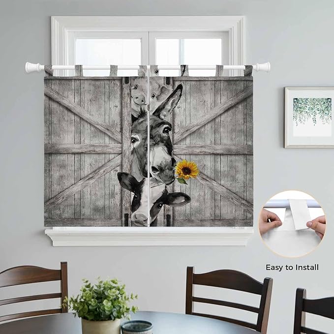 Funny Farm Animals Kitchen Curtains 45 Inch Length, Short Cafe Window Curtains Tab Top, Vintage Barn Grey Sunflowers Light Filtering Window Treatments Tier Drapes 27.5"x45" 2 Panel