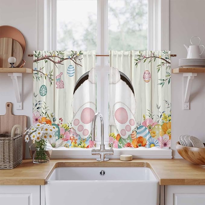 Easter Kitchen Curtains 45 Inch Long 2 Panel Set, Rod Pocket Window Treatment, Spring Farmhouse Watercolor Bunny Eggs Wood Grain Light Filtering Panels Short Drapes for Bathroom Camper 42"W x 45"L