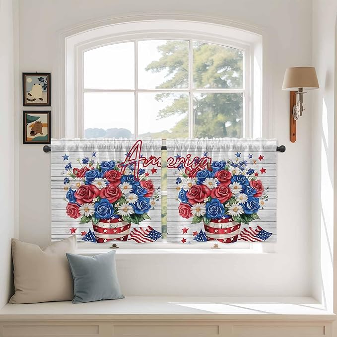 Independence Day Kitchen Tier Curtains 24 Inch Long 2 Panel Set,Rod Pocket Cafe Small Window Curtains Over Sink,4 of July Rose Wooden Grain Vintage Light Filtering Short Drapes 27.5"W x 24"L