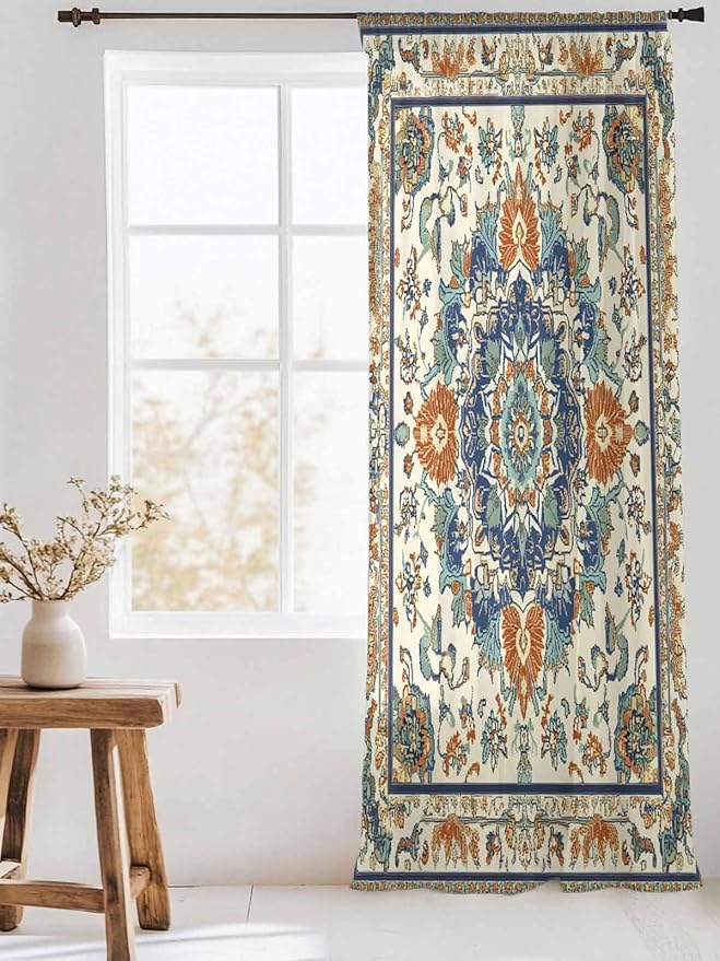 Sheer Curtains 84 Inches Long, Southwest Farmhouse Semi Sheer Curtains Light Filtering Window Treatment, Orange Blue Desert Bohemian Privacy Voile Drapes for Living Room Bedroom 52x84 Inch