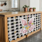 Easter Kitchen Tier Curtains 36 Inch Long 2 Panel Set,Rod Pocket Half Window Curtains Over Sink,Spring Rabbits Ears Feet Wildflowers Black Plaid Light Filtering Short Drapes Cafe 27.5"W x 36"L