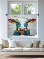 Sheer Curtains 54 Inch Length, Rustic Cow Semi Sheer Curtains Light Filtering Window Treatment, Vintage Colorful Animals Art Wooden Grain Privacy Voile Drapes for Living Room Bedroom 52x54 Inch