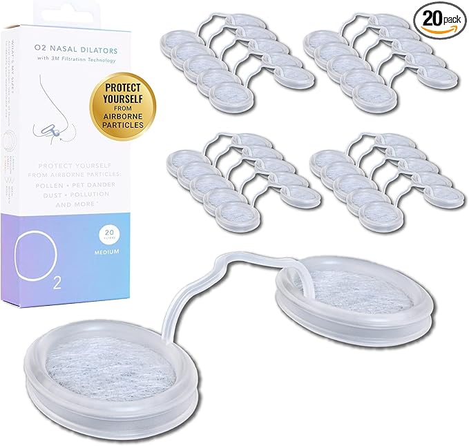 O2 Nose Filters with 3M Filtration - Nasal Screens for Allergies, Dust & Smoke - Drug-Free & Latex-Free Nose Filters - Invisible Allergy Protection (Medium x 20)