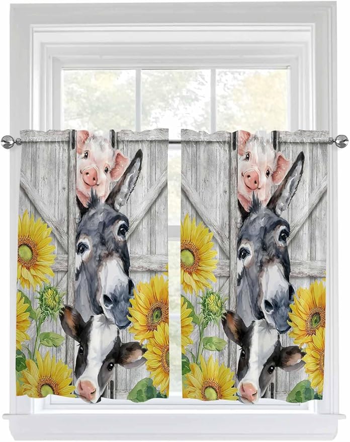 Farmhouse Tier Curtains 45 Inches Long, Watercolor Sunflowers Animals Printed Wood Grain Window Treatment Curtain Drapes, Window Half Privacy Curtains for Bedroom Bathroom, 42"x45", 2 Panels