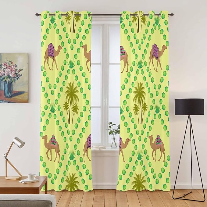2 Panel Kitchen Cafe Curtains, Desert Sand Camels Sunlight Filtering Nature Air Through, Window Decor Tier Curtains for Living Room 80W x 84L inch Palm Trees Tropical Plants Polka Dot Yellow