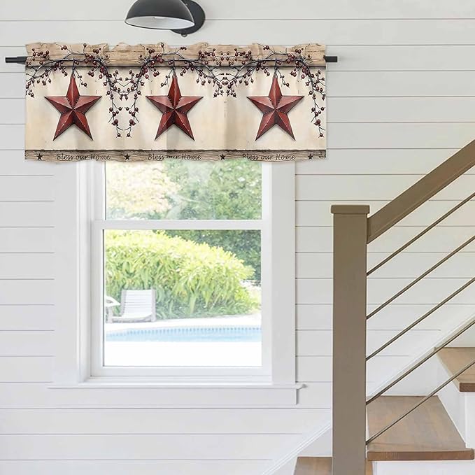 Farmhouse American Valances for Windows, Country Star Berries Vintage Wood Grain Kitchen Valance Light Filtering Rod Pocket Short Curtains for Kitchen Bathroom, 1 Panel, 42"x18"