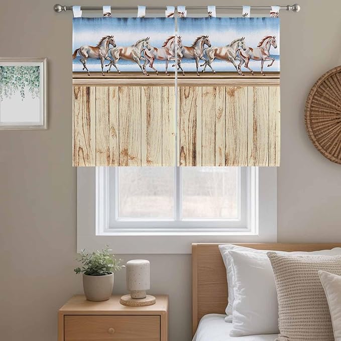 Western Horse Bedroom Curtains 63 Inch Length, Window Curtains Tab Top, Farmhouse Wooden Grain Vintage Cowboy Barn Door Light Filtering Window Treatments Drapes 42"x63" 2 Panel