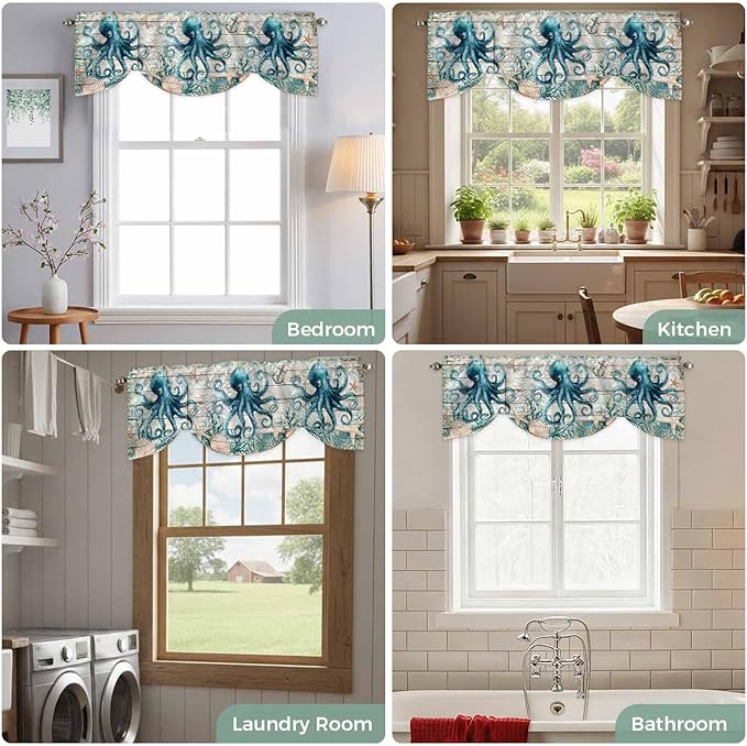Sea Octopus Ocean Starfish Tie Up Valance Curtains,Nautical Anchor Vintage Wood Grain Kitchen Light Filtering Window Treatments with 3-inch Rod Pocket for Living Room,Bedroom,42x12In