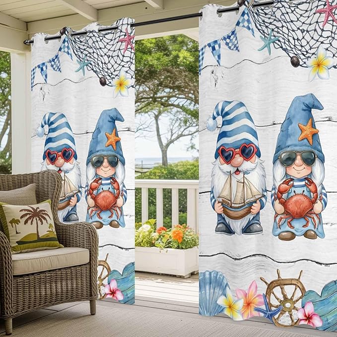 Ocean Gnome Outdoor Curtains for Patio Summer Marine Plumeria Shell Wooden Waterproof Outside Curtains with Grommet Top Weatherproof Curtain for Cabana Pergola Gazebo, 2 Pack, 54" W x 95" L